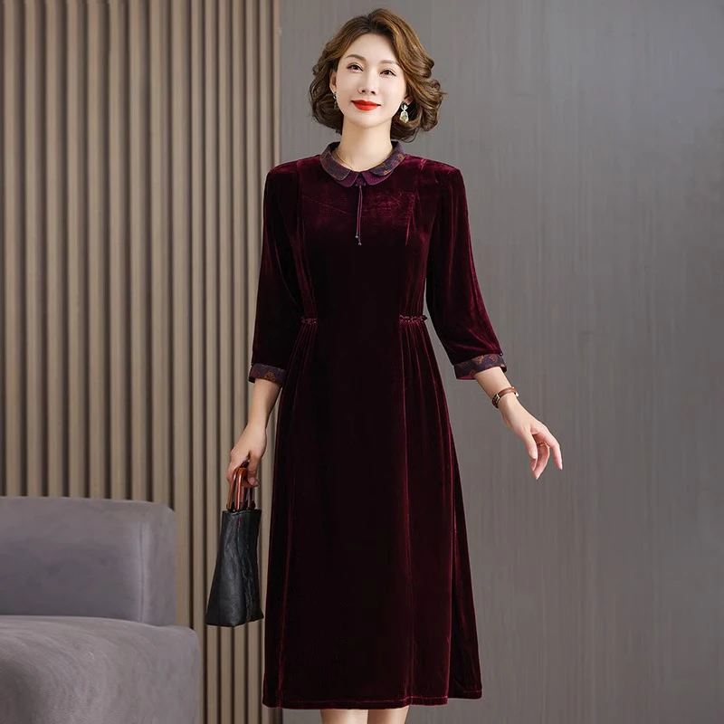 丝绒真丝连衣裙高端喜婆婆婚宴礼服秋冬桑蚕丝金丝绒高贵真丝绒