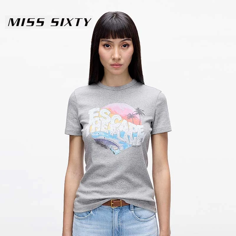 【抗菌防螨】Miss Sixty 2025夏季新款圆领短袖女休闲百搭正肩白t恤