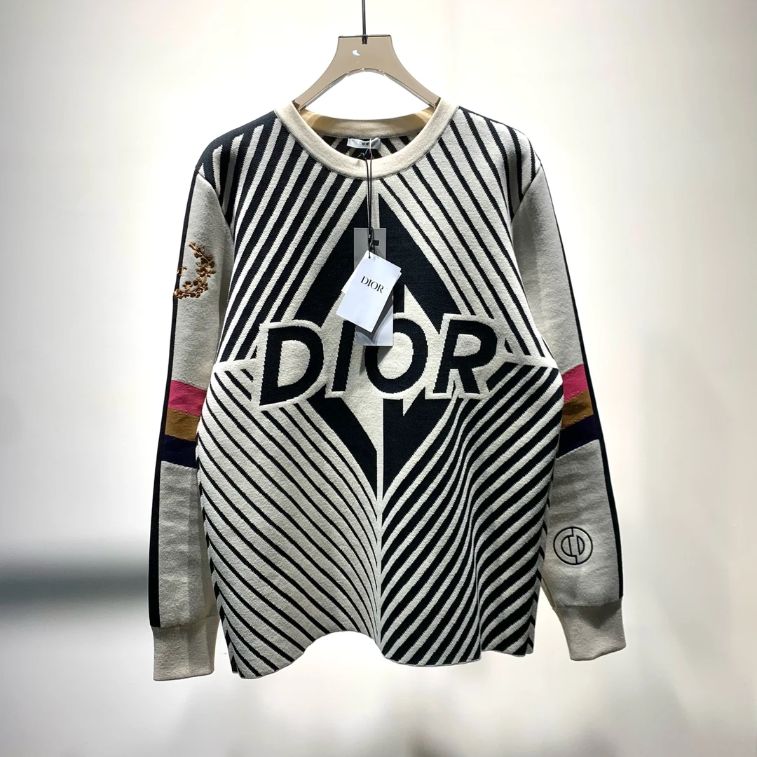 未使用 DIOR/迪奥 字母条纹撞色圆领针织毛衣/XL码/Y9024