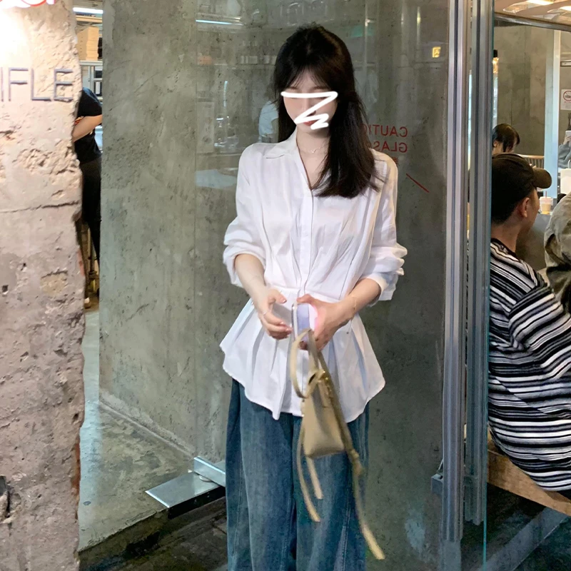 韩系设计感白色长袖衬衫2025年春季新款小个子高级感穿搭气质上衣