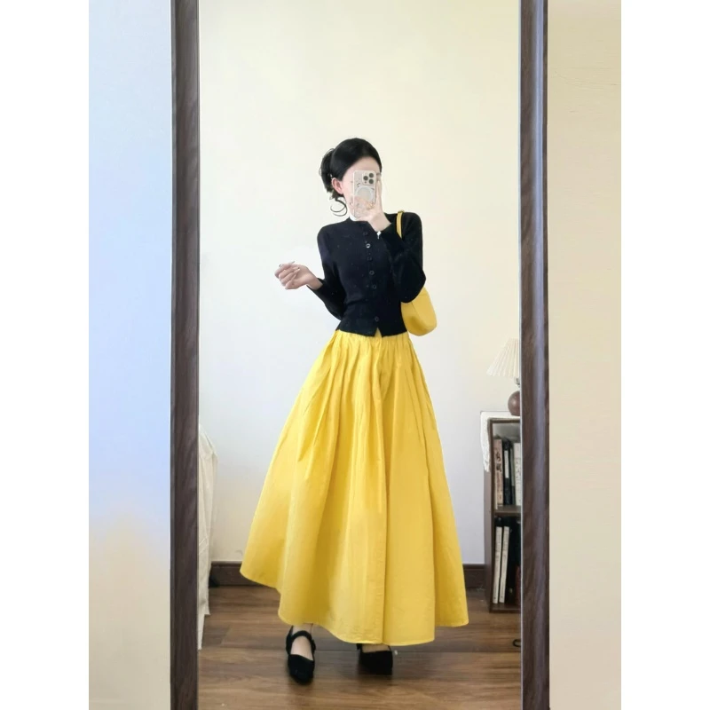 MARIE.COCO巨好看穿搭黑色长袖针织开衫上衣女秋季高腰A字裙伞裙