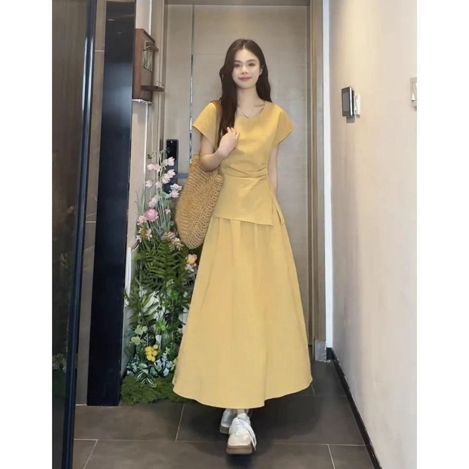 韩系穿搭一整套气质系带收腰短袖上衣女夏季遮肉显瘦半身裙两件套