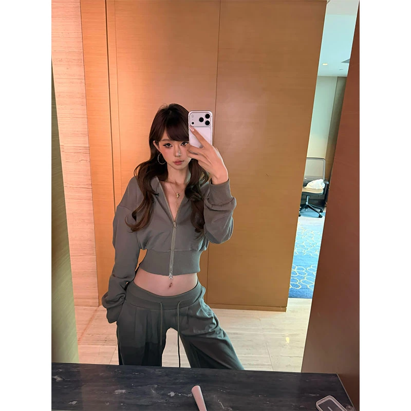 2025休闲风时尚洋气套装小众拉链百搭长袖上衣高腰显瘦直筒裤长裤