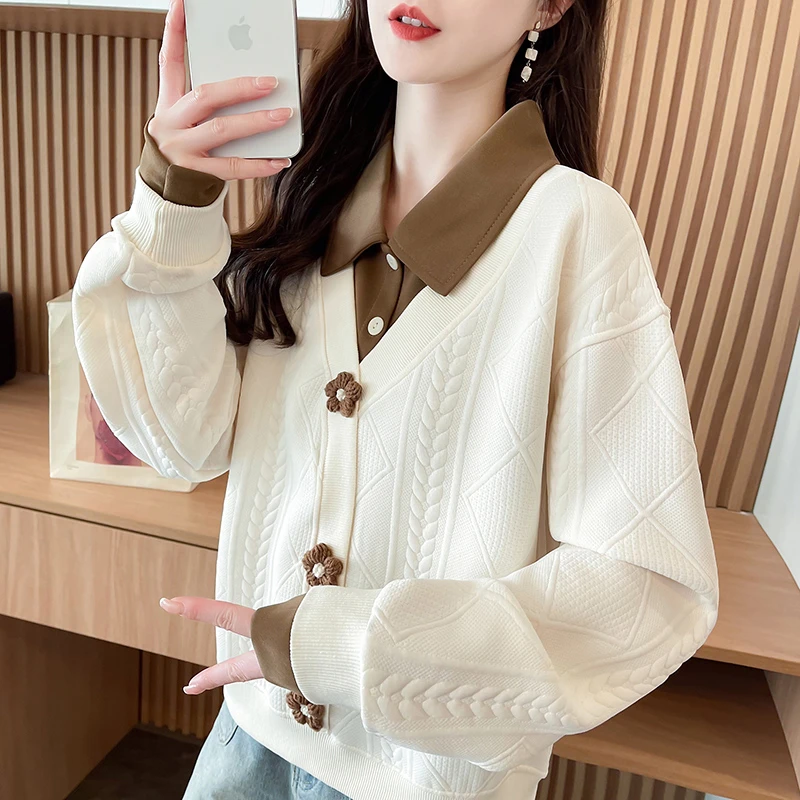 立体装饰翻领polo衫卫衣女2025新款春秋季韩版宽松小个子上衣外套