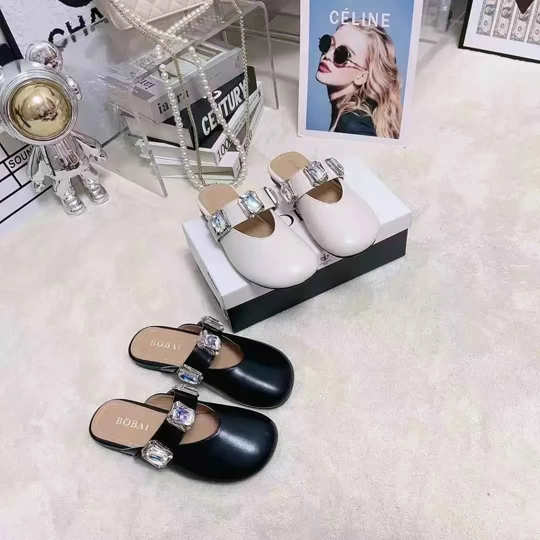 508-9新款水钻包头凉拖鞋女穆勒半拖鞋配夏季裙子休闲裤子平底