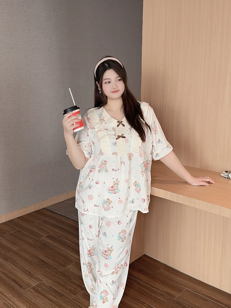 【V领三件套】加肥加大260斤睡衣女胖MM甜美可爱云朵棉家居服套装