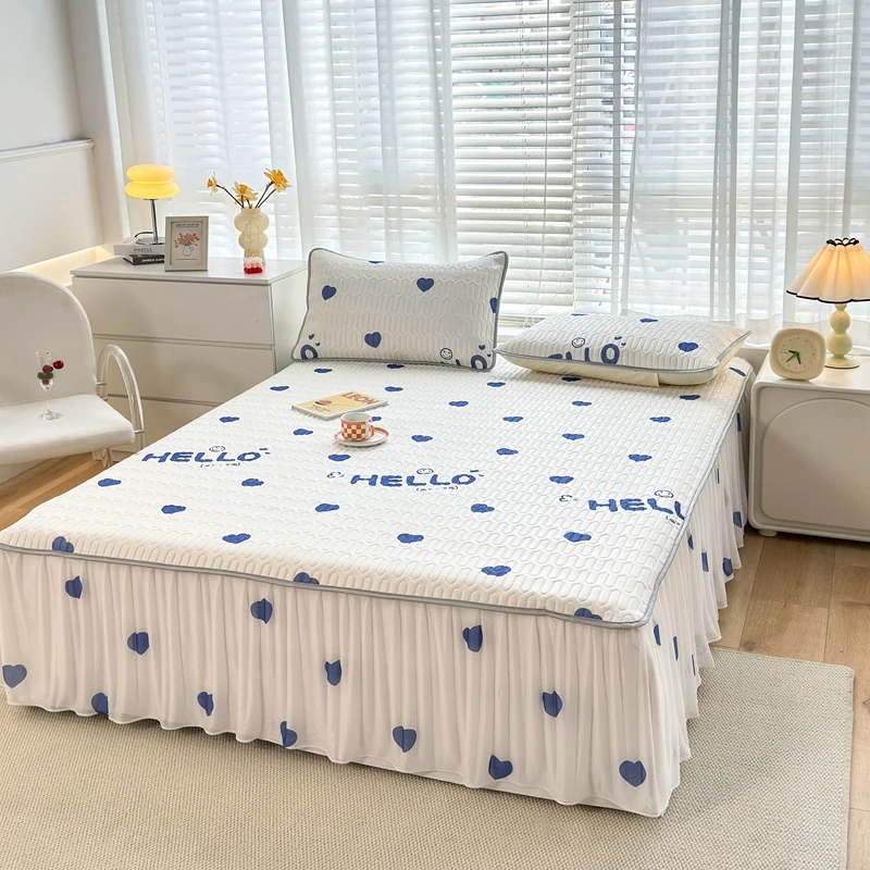 V/雅鹿夏季【床裙款乳胶凉席三件套】空调席可水洗软席子可机洗凉席