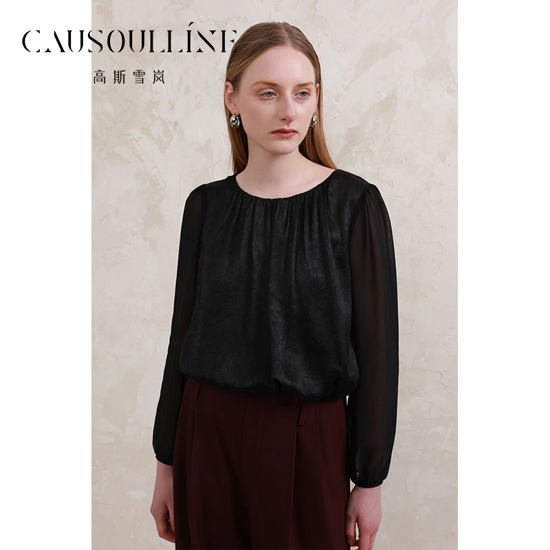 高斯雪岚【春季上新】时尚圆领衬衫女新款宽松休闲上衣女25111071
