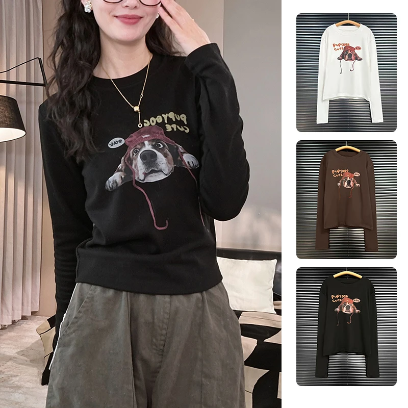 时尚印花保暖长袖加绒打底衫加绒内搭潮流显瘦上衣双面绒感