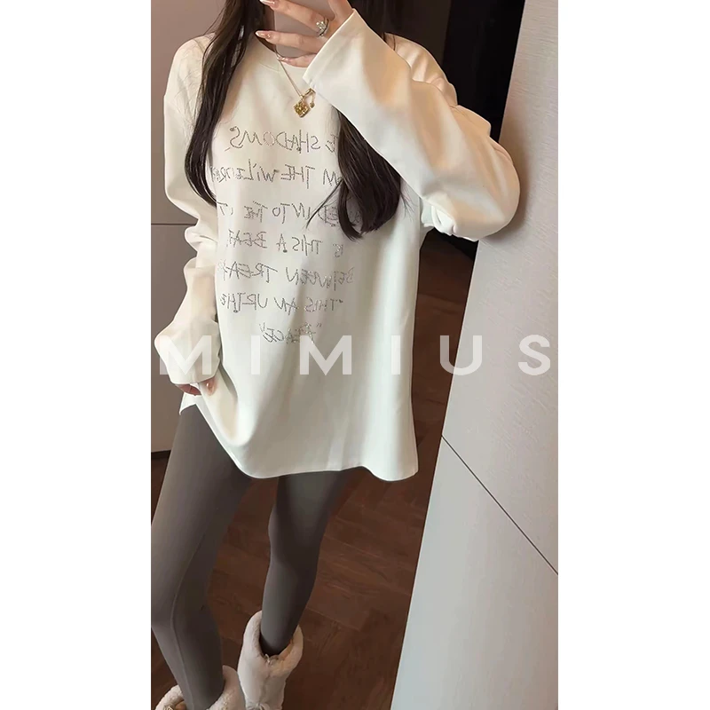 【mimius】P 加厚磨毛烫钻字母圆领长袖T恤 G10345