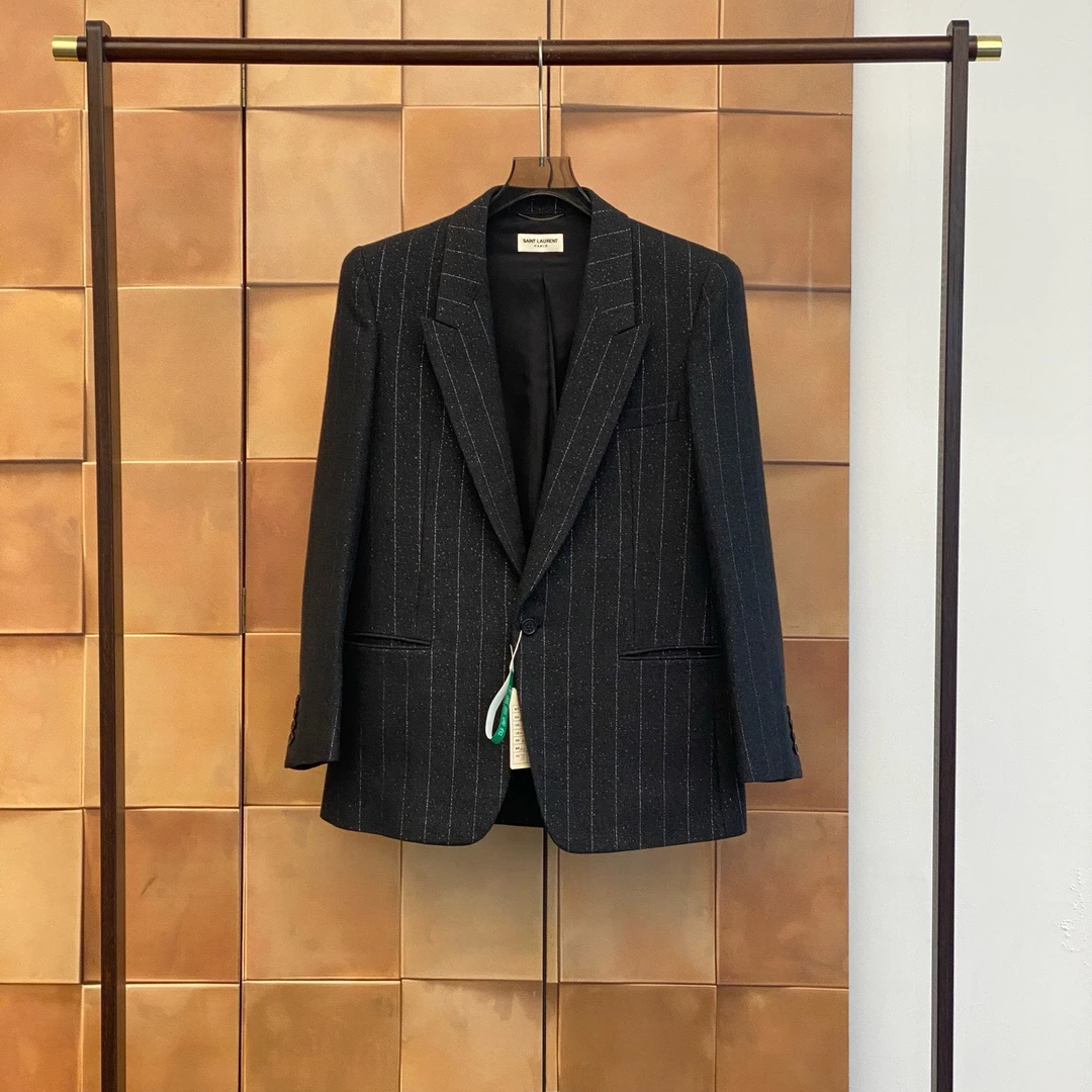 99新 YSL/圣罗兰 灰色闪金条纹西装外套/48码/存放品/29424
