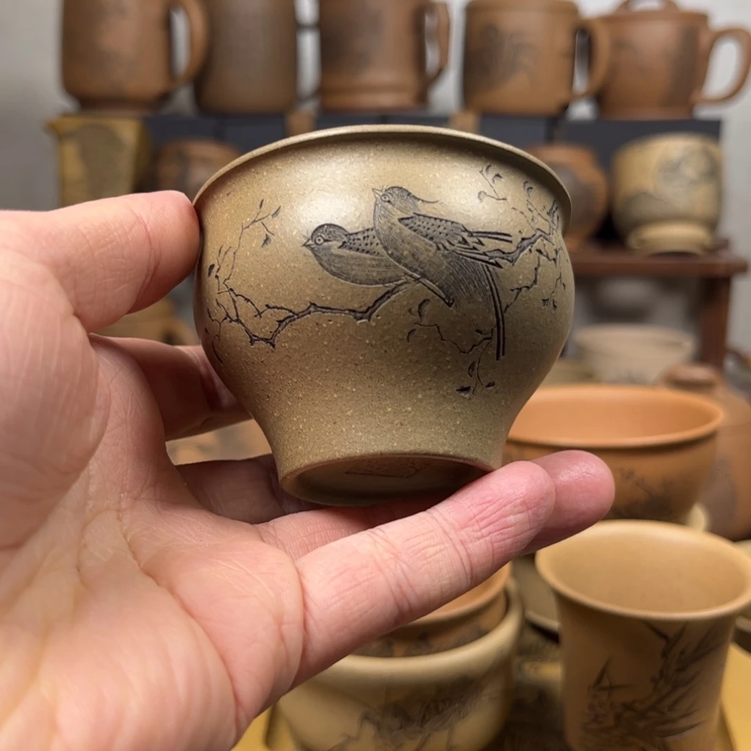 紫砂杯子青*?小鸟刻绘紫砂主人杯无锦盒福利价