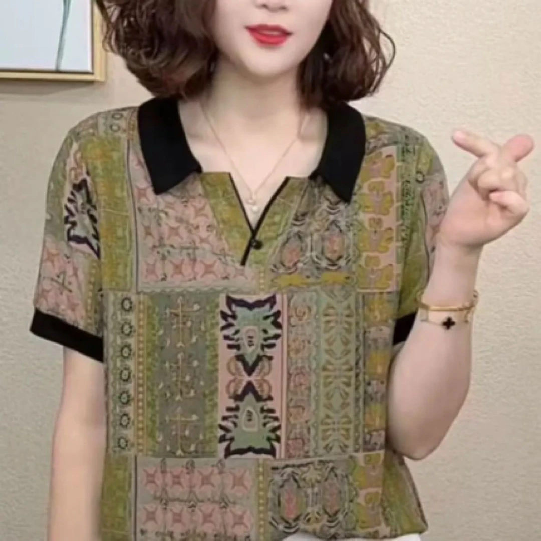 2025夏季新款时尚洋气百搭减龄显瘦气质女短袖小翻领T恤妈妈上衣