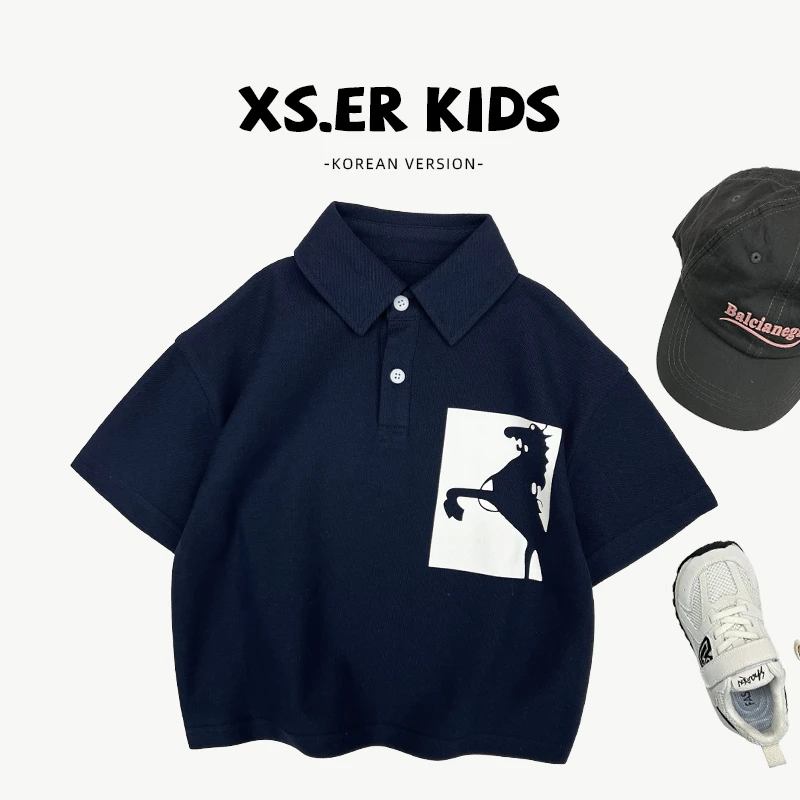 【小首尔】现货-男童韩版卡通印花T恤夏季时尚百搭翻领上衣HBB6986