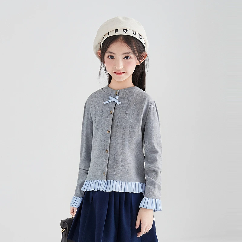 笛莎童装女童外套25春秋新款中童女孩儿童洋气复古针织假两件外套