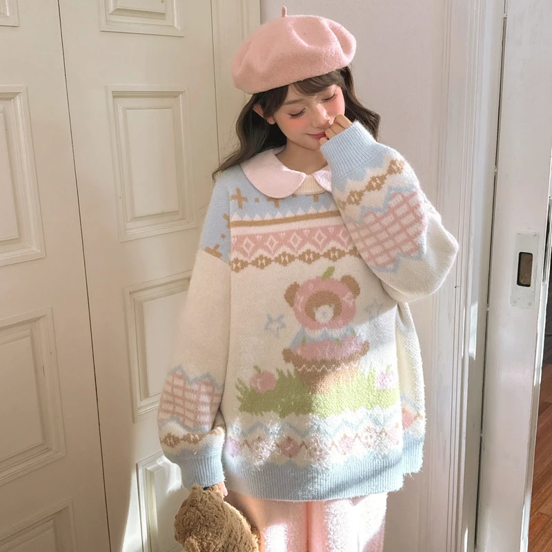 森女部落甜美风百搭小熊提花毛衣女2025新款撞色圆领宽松针织衫冬