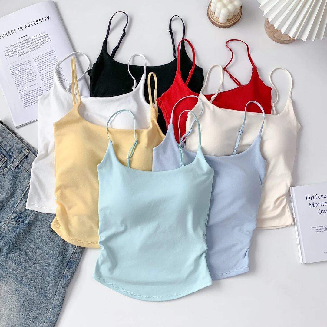 新款甜辣纯欲褶皱吊带背心女外穿修身打底夏季带胸垫美背抹胸上衣