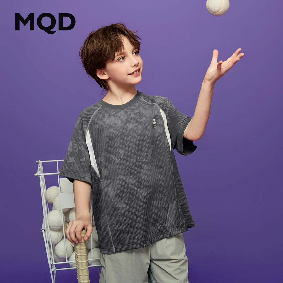 MQD童装25夏新品户外露营满版撞色拼接短袖亲肤透气T恤9652W0384