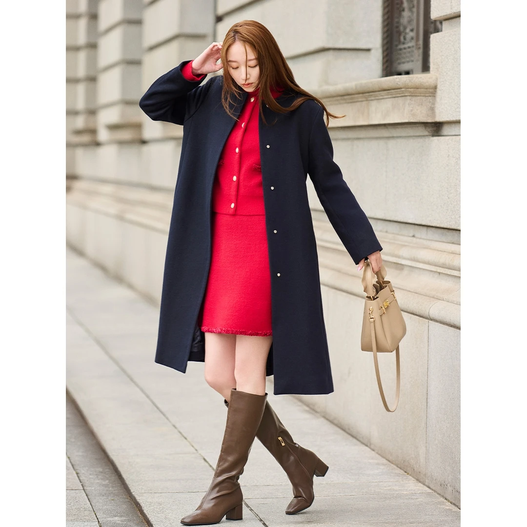 【Montendre】秋季新款 C 重磅羊绒无领大衣时尚气质羊毛毛呢外套