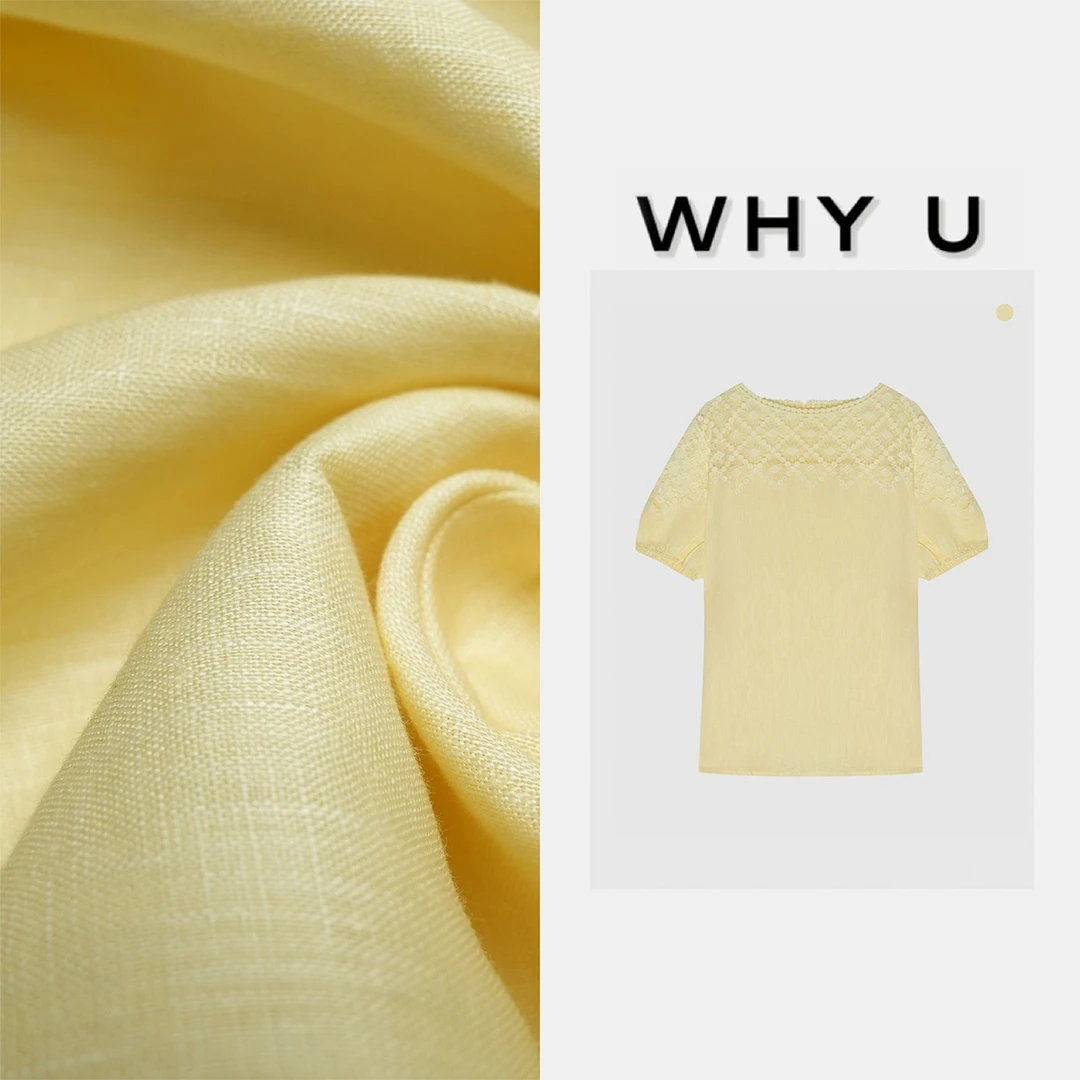 WHY U-25SS夏季新款圆领蕾丝镂空提花收口袖亚麻短袖【黄杏】