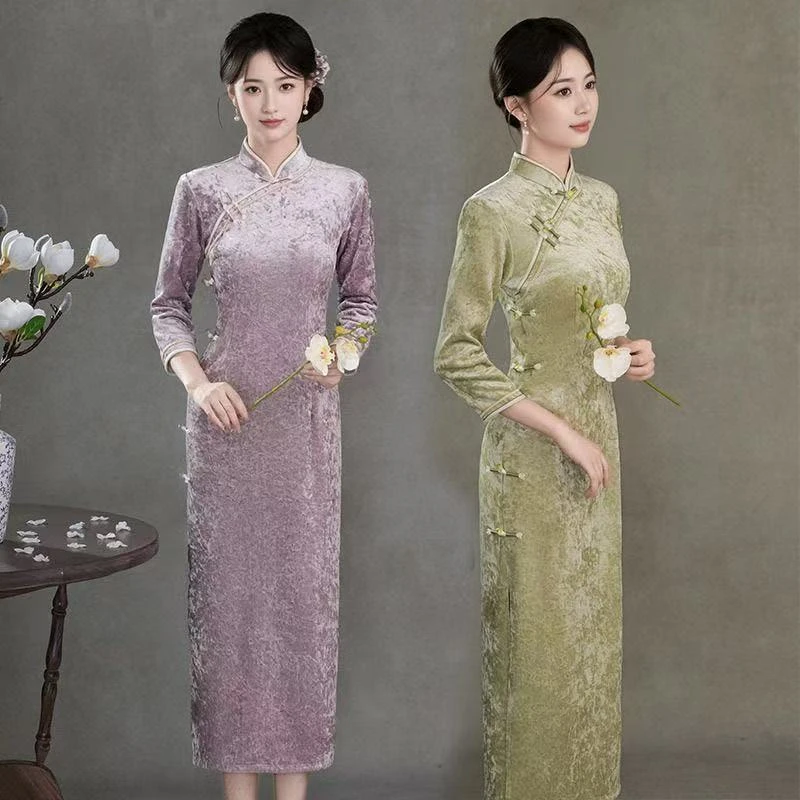 苏州高端【雾素】裙长120cm七分袖新中式扎染旗袍显瘦优雅修身复古