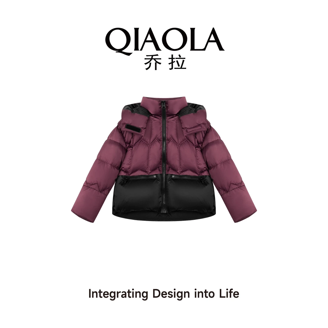 QIAOLA/乔拉【雪山寒玫】秋冬90白鸭绒撞色立领保暖羽绒服外套预售