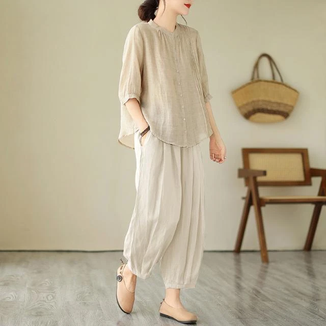 休闲棉麻套装女夏季2025新款夏装搭配一整套时尚亚麻灯笼裤两件套