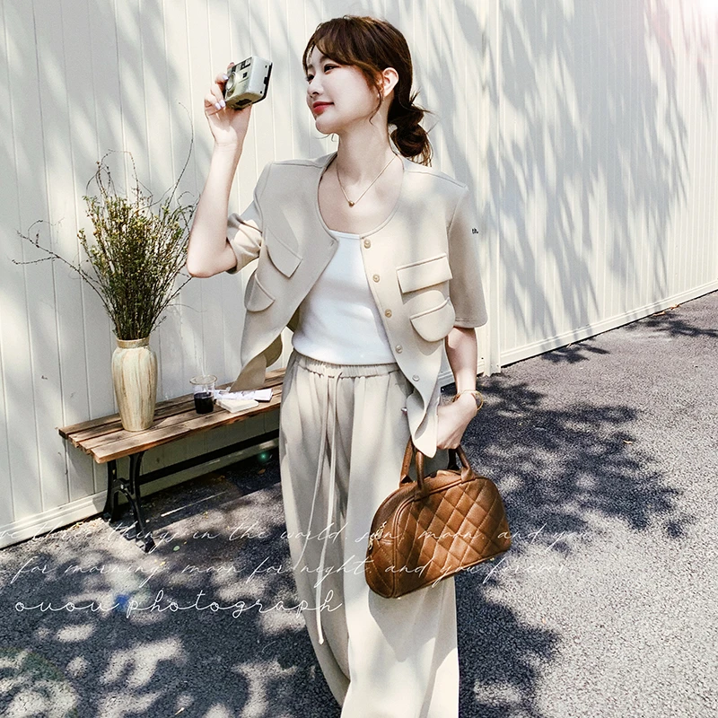 冷淡风盐系短袖西装套装女夏御姐高级感气质通勤休闲阔腿裤两件套