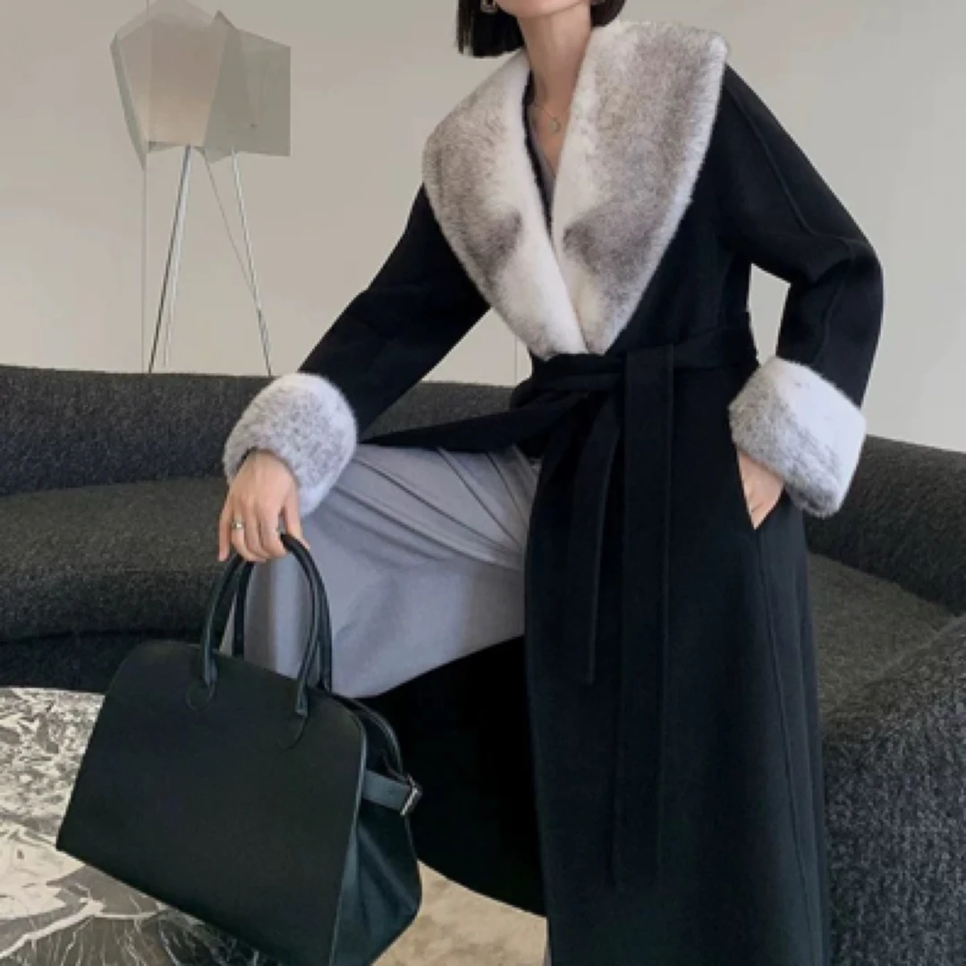 羊绒长款气质水貂领双面呢大衣秋冬新款女外套宽松加厚冬鹅绒内胆