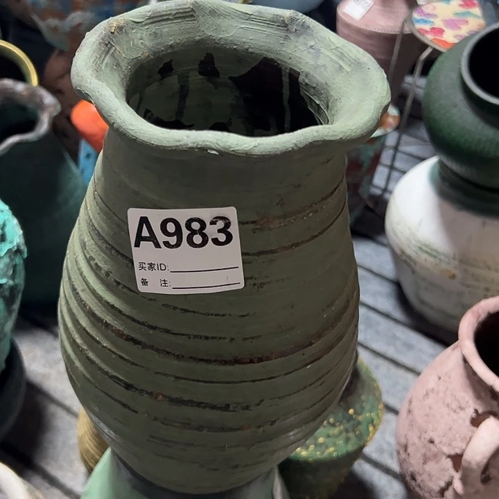 粗陶盆默认打孔高25口13做旧绿花边口