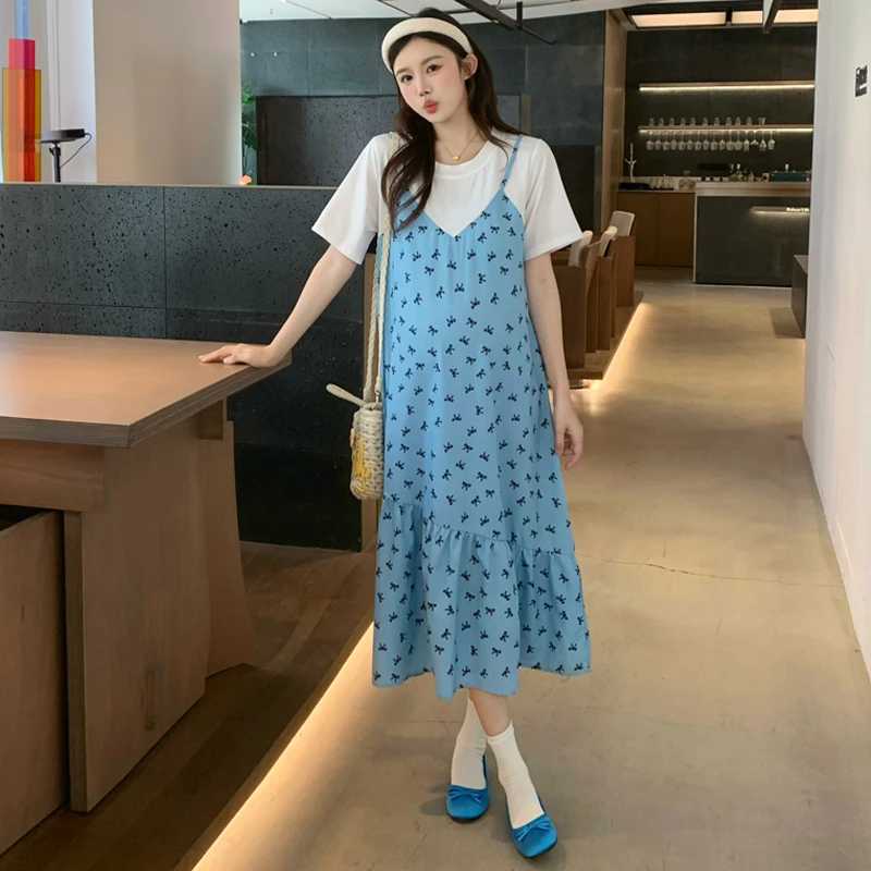 孕妇装2025夏季外穿宽松大码拼接小清新假两件连衣裙蓝色印花裙子