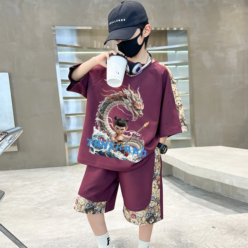 哪吒儿童夏季短袖套装2025新款男童夏款中大童男孩休闲潮流两件套