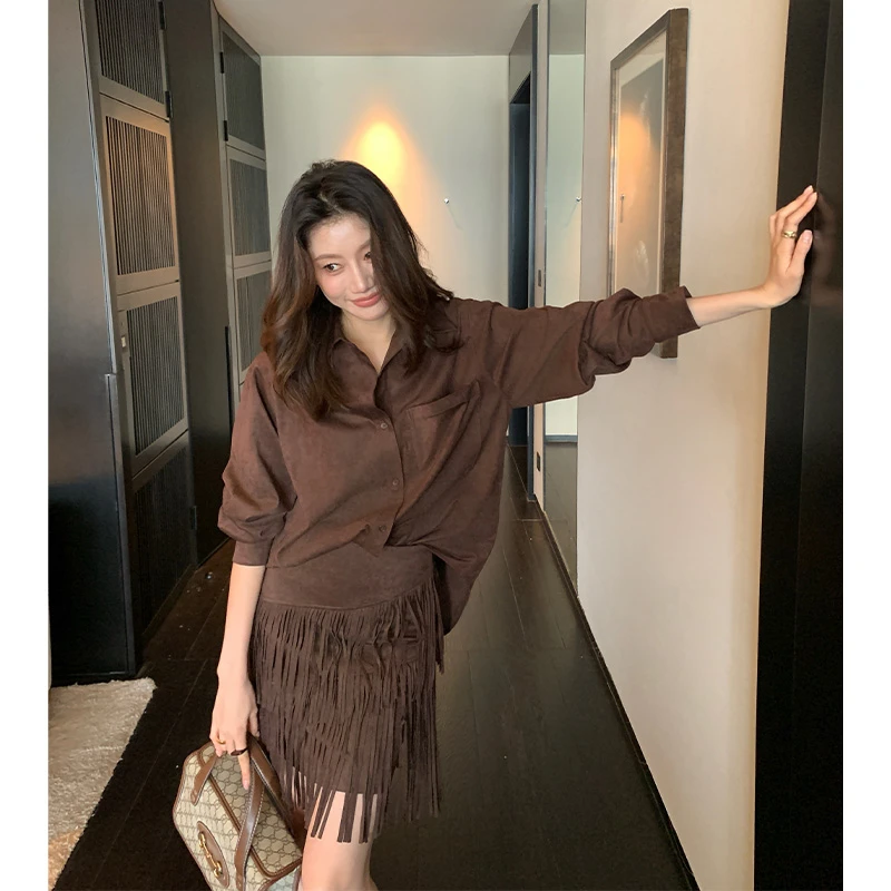 【ALONE SAVOR】龍喜儿末路狂花 流苏半裙仿皮长袖衬衫套装X797