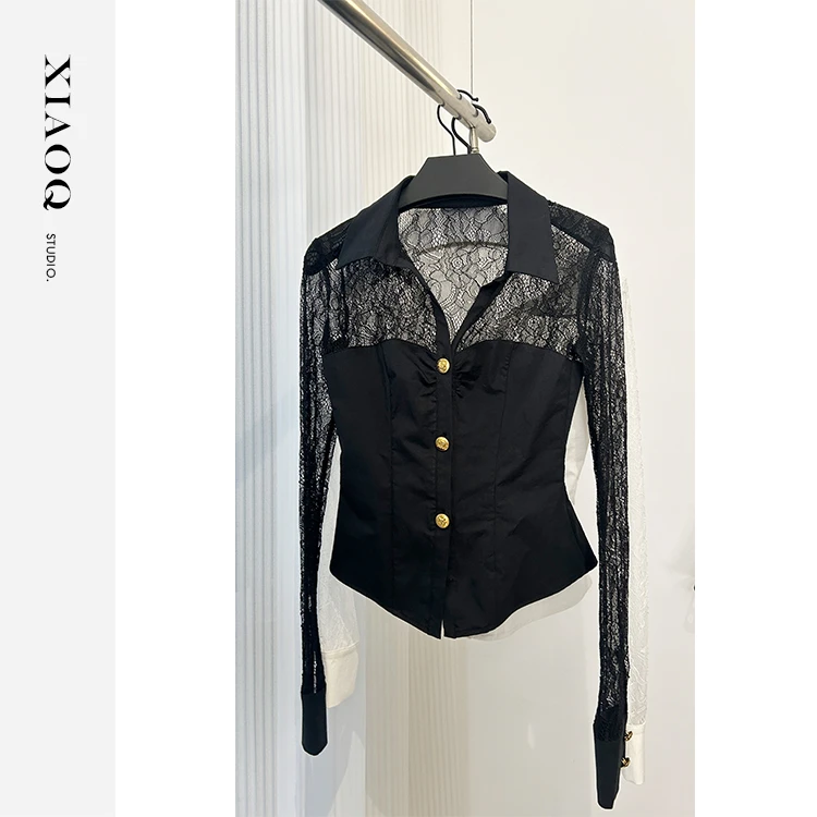 【小Q家】89855时尚网纱收腰衬衫