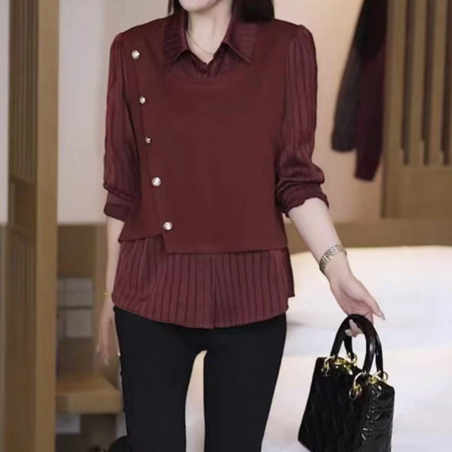 2025早秋新款假两件条纹衬衫时尚百搭显瘦长袖女士上衣5188长58