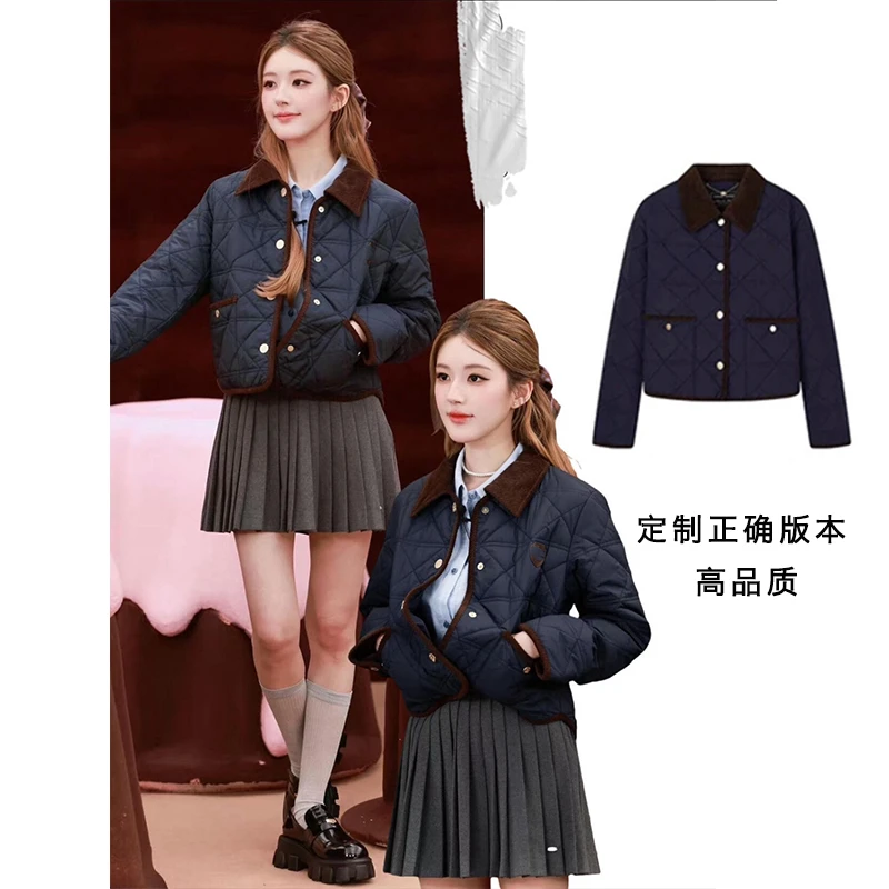 露思同款高版本 撞色翻领藏蓝色菱格棉服外套休闲短款上衣