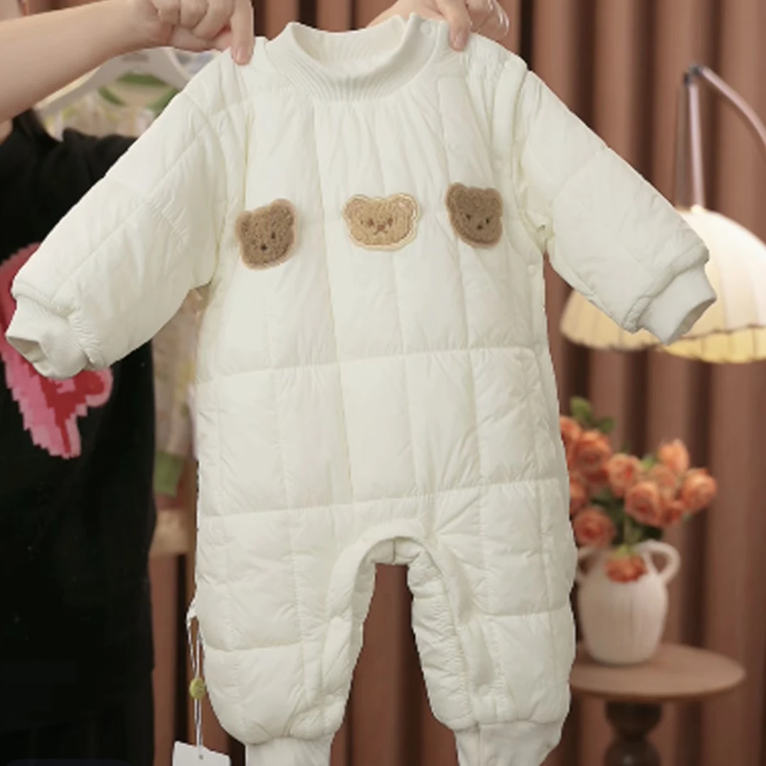 婴幼儿秋冬薄棉服三只熊偏开连体衣宝宝哈衣爬服外出服