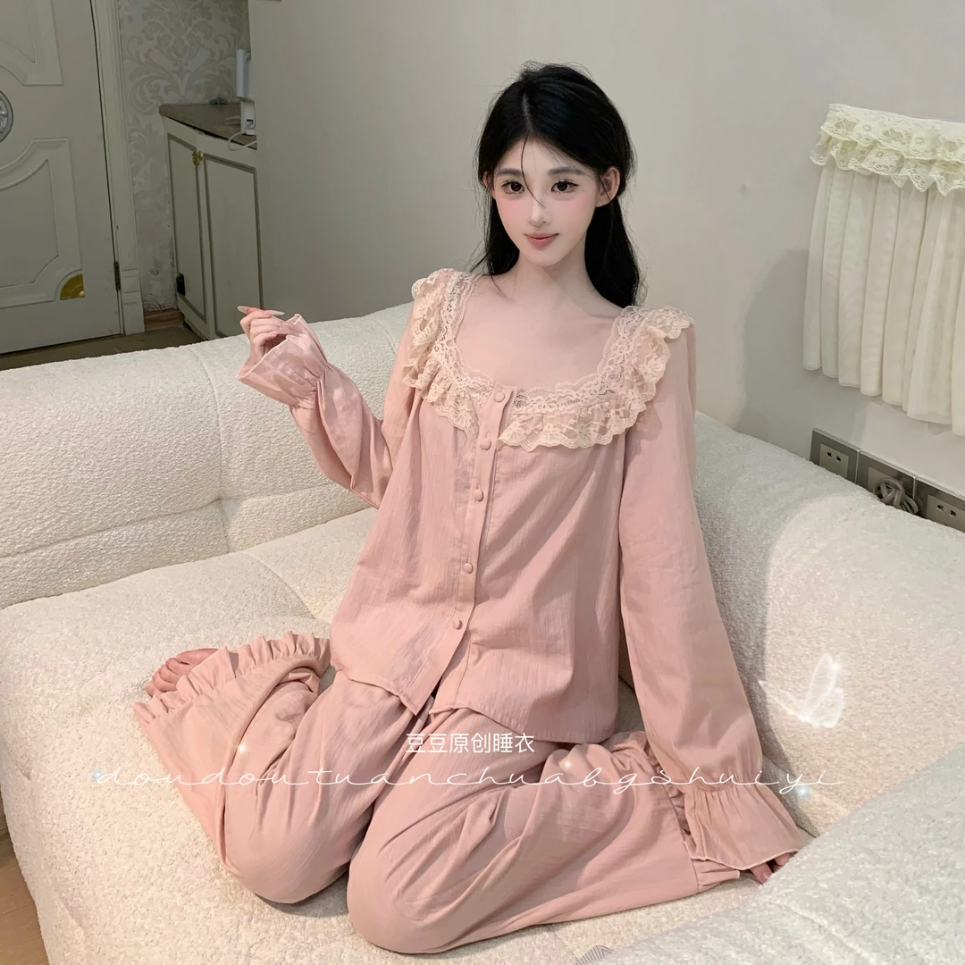 豆豆【桃花洛】长袖长裤纯欲显瘦秋冬季女套装法式睡衣