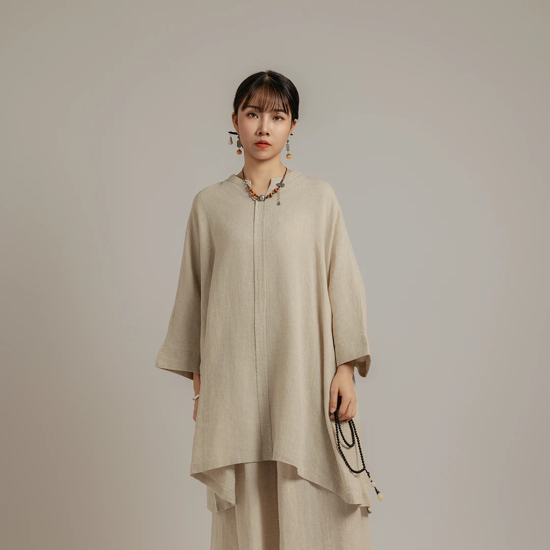 【以之】设计师品牌100%亚麻厚实长袖衬衣宽松做旧炒色V领上衣女