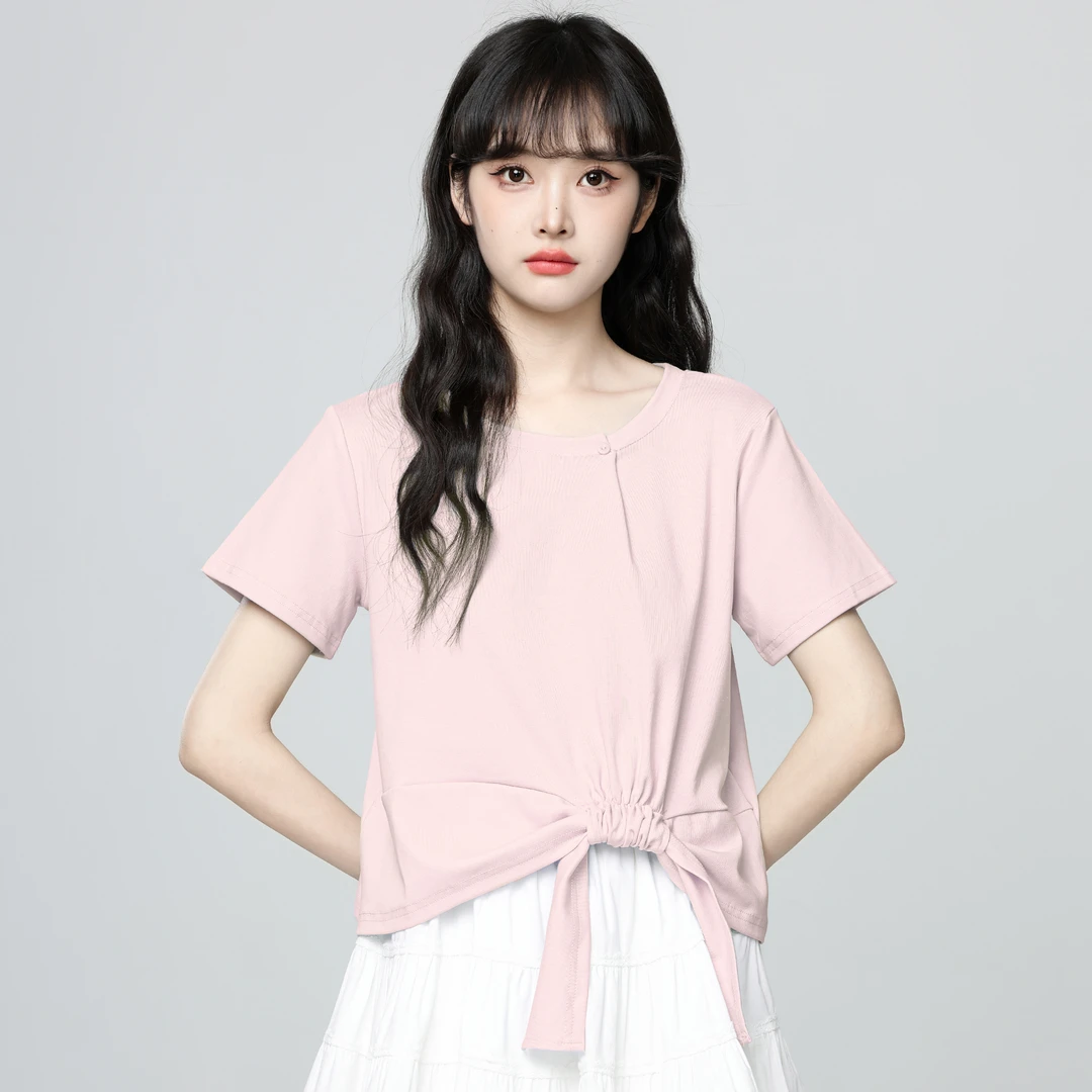 粉色不规则短袖T恤女夏2025夏季新款设计感下摆扭结体恤短款上衣