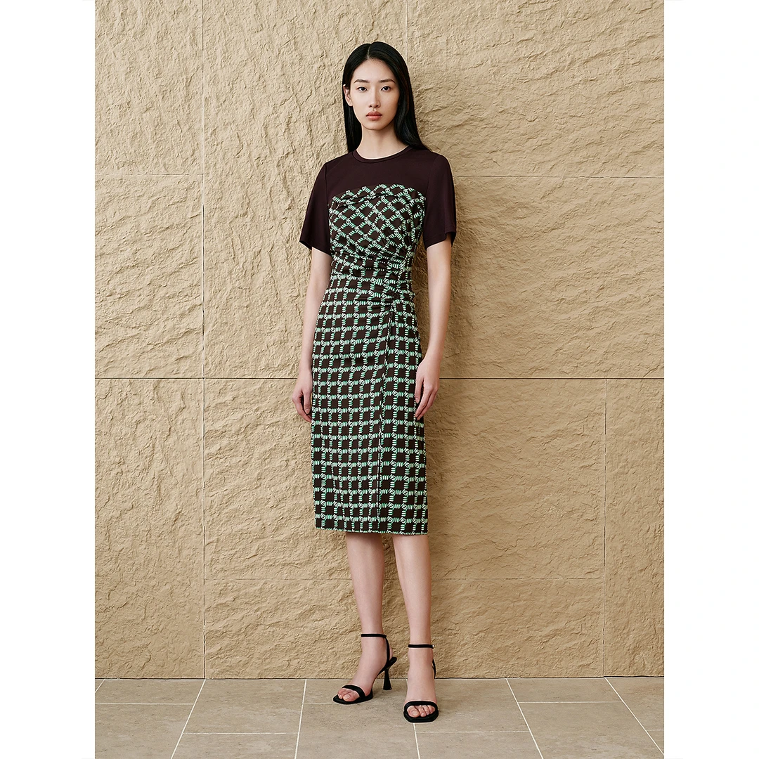 INSUN恩裳专选2025夏季抹胸拼接抽褶桑蚕丝连衣裙9C65105350