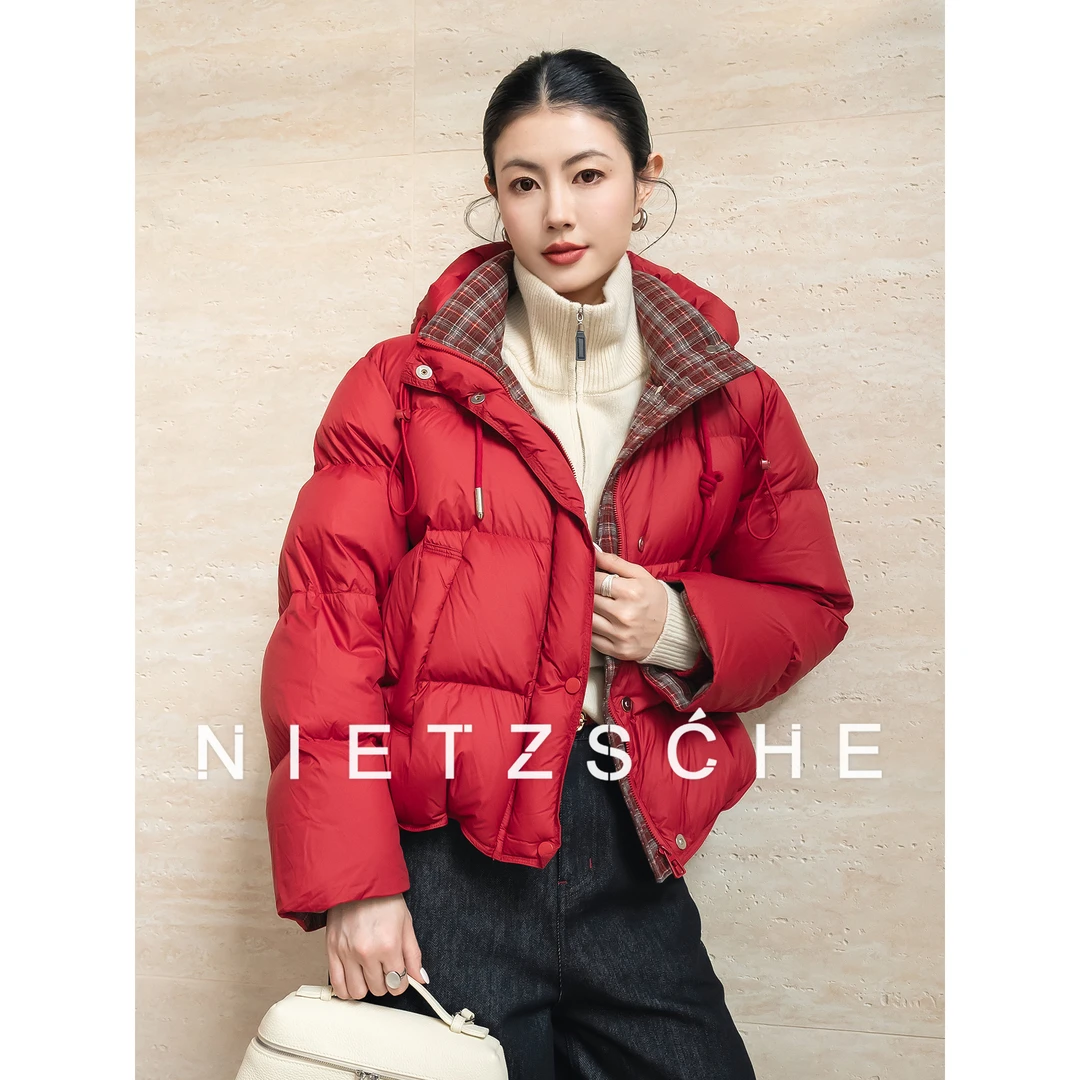 尼采 官方直营｜朱砂痣｜红色开运蓬松保暖连帽羽绒服女外套71312