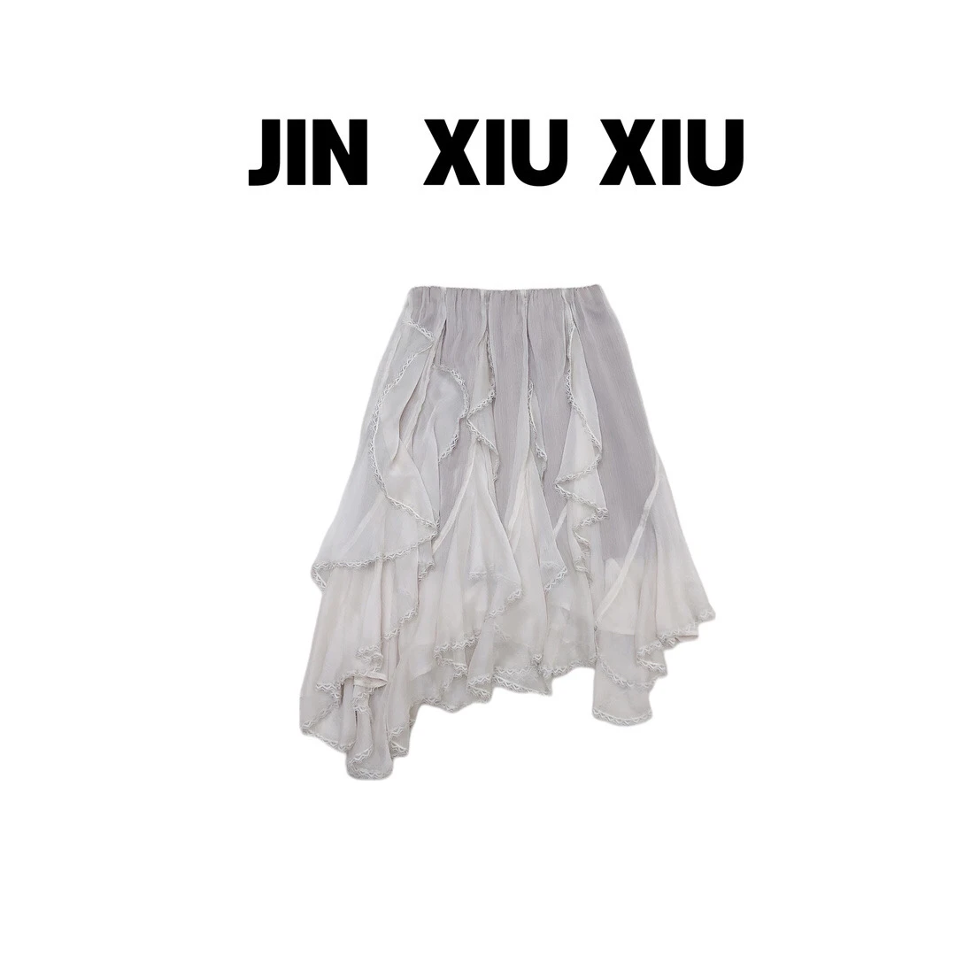 JINXIUXIU夏季新款不规则花边蕾丝拼接韩系甜美松紧腰半身裙936