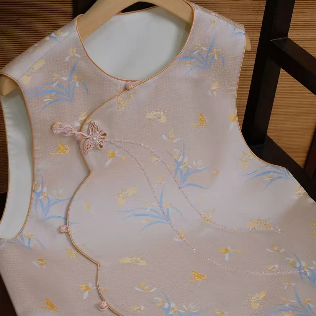 【高定重工系列】陆美英粉色蝶谷幽兰花瓣襟新中式宋锦马甲带钢印