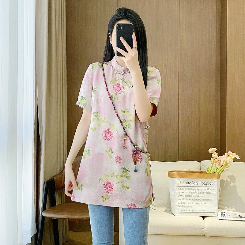 新中式国风盘扣上衣女装2025夏季新款复古高级感人丝改良旗袍衬衫
