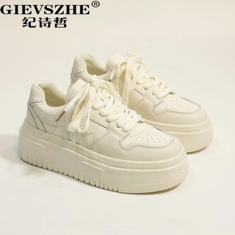 纪诗哲松糕底奶油色小白鞋女2023春夏厚底增高休闲板鞋真皮圆头鞋