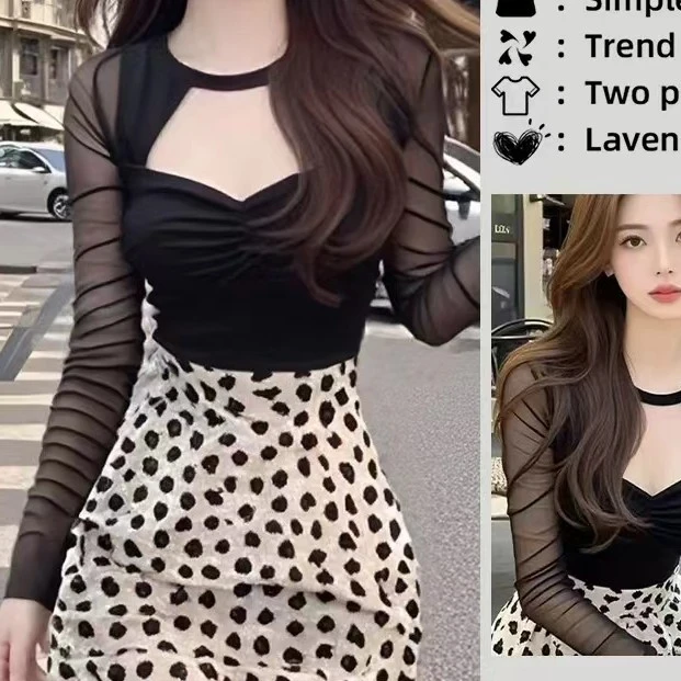 大码纯欲甜辣镂空网纱镂空打底衫上衣女春季新款性感修身显瘦T恤