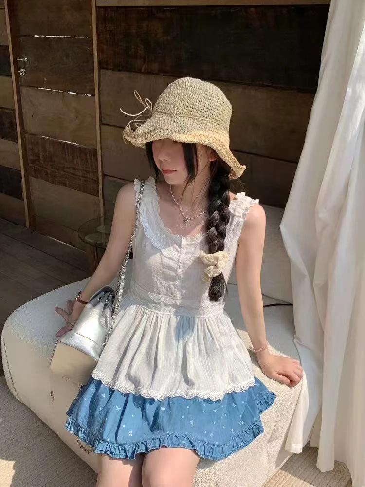 A087-心动旋律 白色蕾丝花边背心小个子甜美显瘦娃娃衫上衣