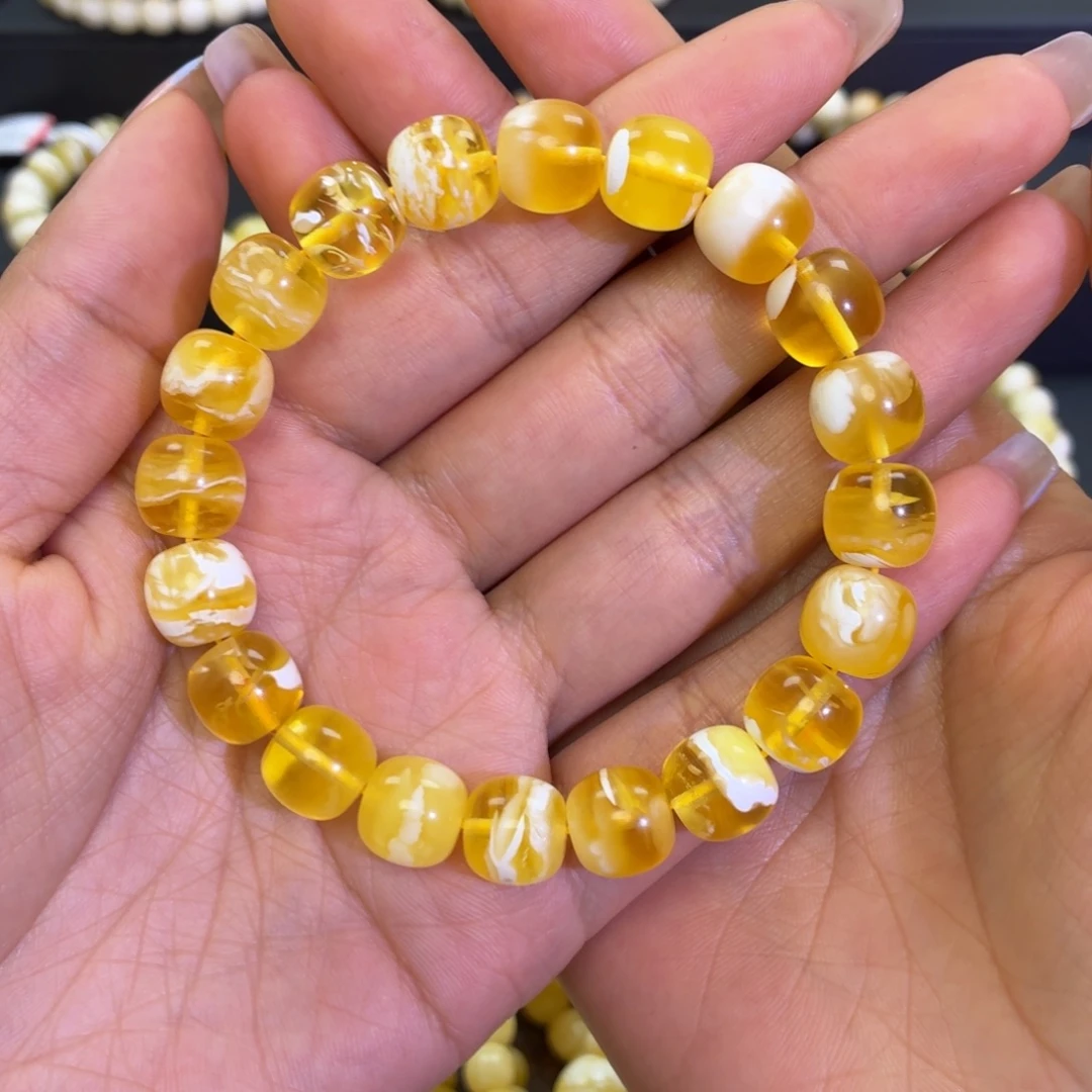 与***行手链蜜蜡未镶嵌金瓷白妖10.5