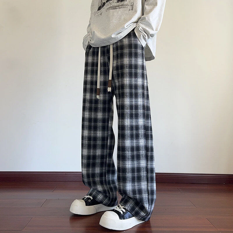 春秋季2025港风百搭格子设计感宽松大码休闲裤男宽松拖地阔腿男装